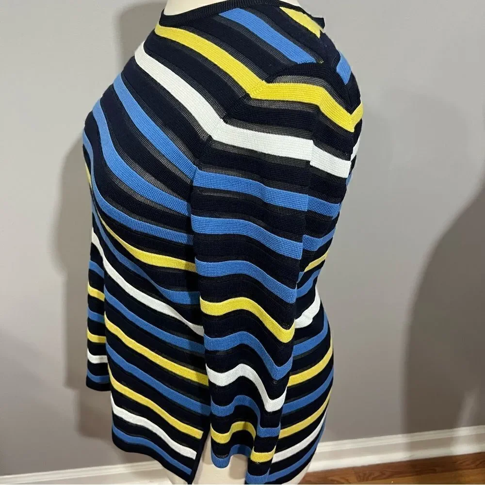 St. John Blue and Yellow Striped Knit Side Slit Sweater - L‎